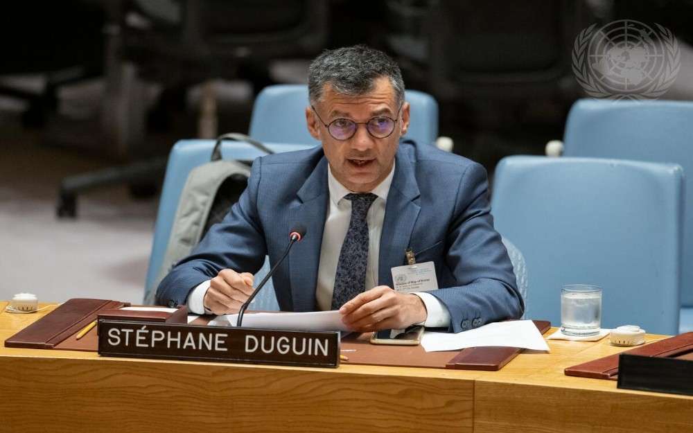 Stéphane Duguin, Chief Executive Officer of CyberPeace Institute speaks at the United Nations Security Council meeting on addressing evolving threats in cyberspace.