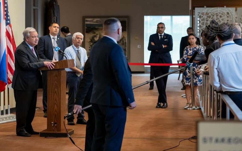 United Nations Secretary-General António Guterres briefs the press on escalation of blue line tensions between Israel and Hezbollah on the border of Lebanon.