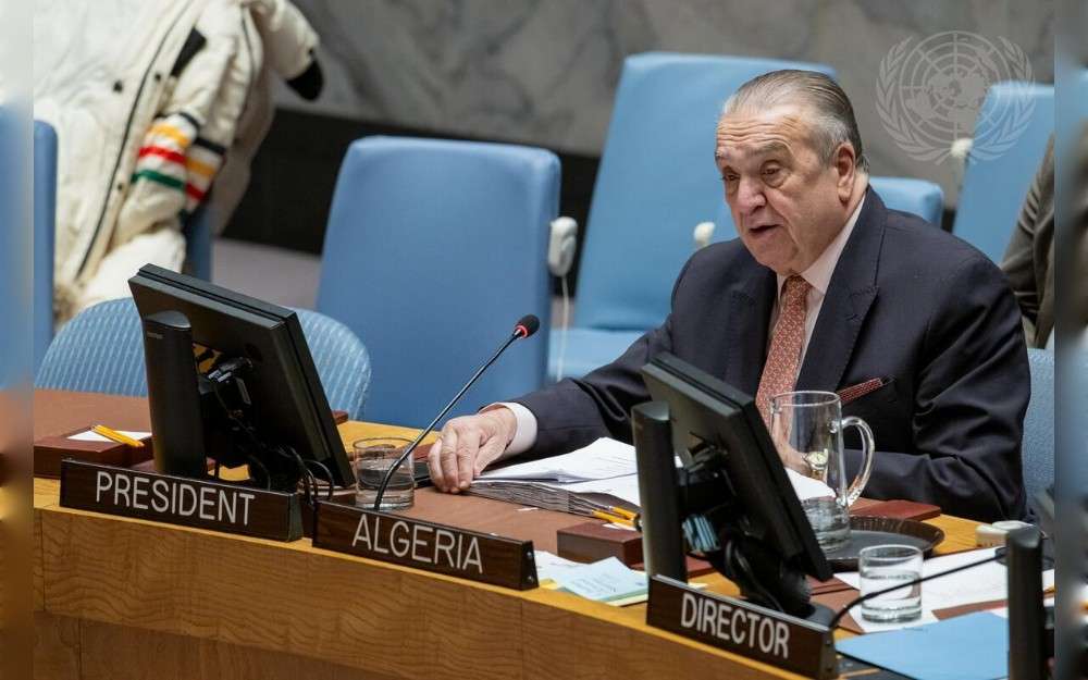 Amar Bendjama, Permanent Representative of the Democratic Republic of Algeria and President of the United Nations Security Council for the month of January 2025, chairs the Security Council meeting on the situation in the Middle East (Syria).